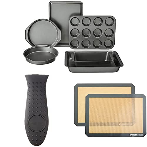 Amazon Basics 6-Piece Nonstick, Carbon Steel Oven Bakeware Baking Set & Silicone Hot Skillet Handle Cover Holder, Black & Silicone, Non-Stick, Food Safe Baking Mat - Pack of 2