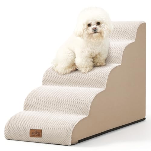 COZY KISS Hundetreppe für Kleine Hunde 57cm, Haustiertreppe für Hochbett aus Hochdichtem Schwamm, Hunde Treppe Hunderampe mit Waschbarem Bezug und Rutschfestem Boden, 40x84x57cm, 5 Stufen, Beige