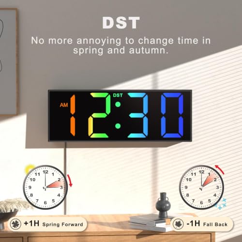 Image of JALL 12'' Digital Wall Clock Large LED Display, Wall Clock with Remote Control, 8 RGB Colors, Auto DST, Night Light for Classroom Living Room, Gym, Classroom Decor, Xmas Birthday Gift for Senior