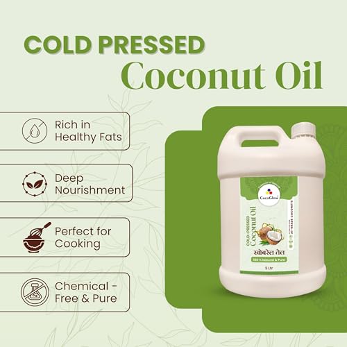 Image of CocoGlow Cold Pressed Coconut Oil 100% Natural & Organic | Chemical-Free | Healthy Cooking Oil | Contains MCT | 0 Trans Fat | 5 Litres