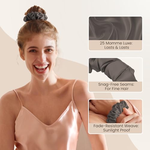 Image of THXSILK 100% Mulberry Silk Chunky Scrunchies 3-Pack, 25 Momme Thick Voluminous No Damage Hair Ties for Women, Medium Ponytail Holders for All Hair Types(Grey, Charcoal, Black)