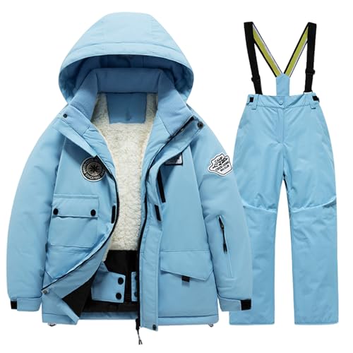 Boys Girls Ski Overall Set Zipper Thermal Hoodie Jacket Windproof Winter Warm Pants Set Waterproof Fleece Snowsuit2