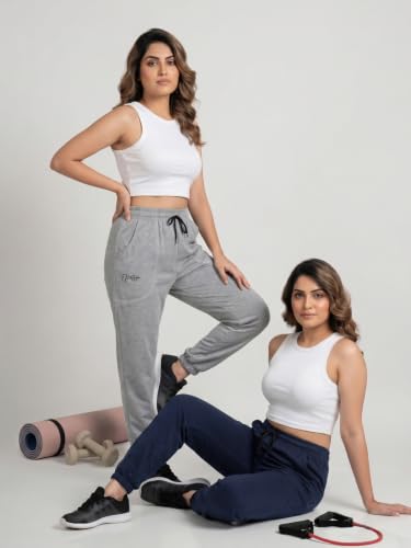 Image of Fflirtygo Cotton Solid Joggers /Track Pant /Solid Pajama /Leggings �100% Export Quality Soft Cotton Night Wear /Pocket Pyjama for Women Combo Pack of 2Pcs, Blue and Grey