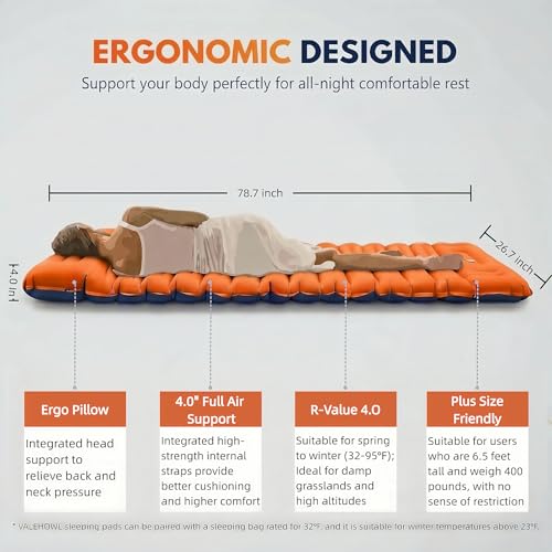 Image of 4 inch Thick Camping Sleeping Pad with Internal Straps, R4.0 Sleep Mat | 4 Seasons Warm, Side Sleepers No Sagging, 60s Inflation with Built-in Foot Pump, Tear-Resistant Waterproof for Outdoor Hiking