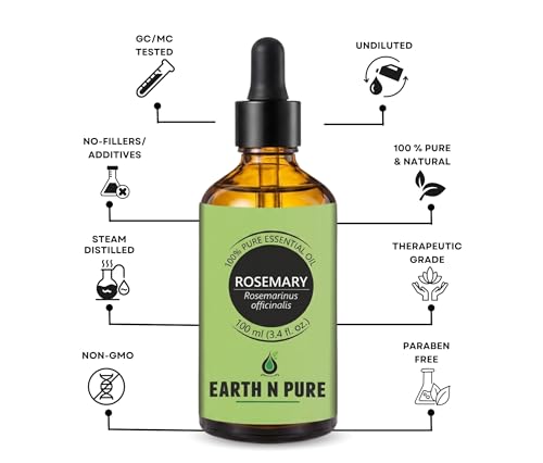 Image of Earth N Pure Rosemary Essential Oil | 100% Pure, Natural & Undiluted | Steam Distilled Rosemary Oil for Hair, Scalp, Skin, Aromatherapy & Diffuser | Vegan & Cruelty-Free | 100ml