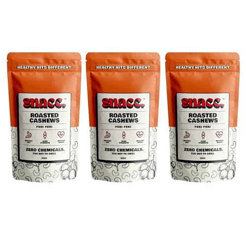 Image of Snacc Peri Peri Roasted Cashews | Spicy Masala Kaju Dry Fruit | Crunchy Premium Cashew Nuts | Protein-Rich | Zero Chemicals | 100% Clean Label Healthy Snack | 200g x 3