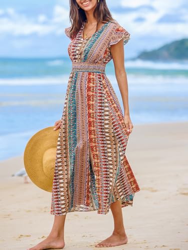 Image of CUPSHE Women's Maxi Dress V Neck Boho Multicolor Flutter Sleeve Smocked Slit A Line Summer Formal Dress