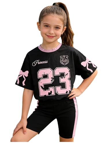 ranrann Short De Gymnastique Fille Ensemble T Shirt Et Shorts Polyvalent Pour Enfants Tenues Deux Pièces Avec Motifs Numériques Tenues D'Été Noir 7-8 ans