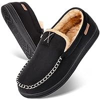 LongBay Men's Comfort Moccasin Slippers Memory Foam Warm Fluffy Faux Fur House Shoes with Indoor Outdoor Rubber Sole (9UK, Black)