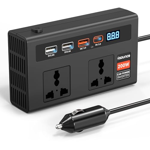 Image of Sounce 200W Car Power Inverter - 12V DC to 220V AC Converter with Dual AC Outlets, 3 USB Ports (3.1A Max), 24W PD Type-C, Fast Charging Adapter for Laptops, Mobiles, Tablets & Road Trips