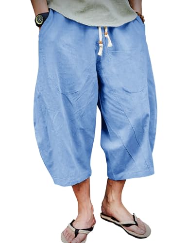 EKLENTSON Men's Yoga Pants Gym Sports Outdoor 3/4 Shorts Loose Linen Capri Trousers Beach Pants Lightweight, Sky Blue, 34