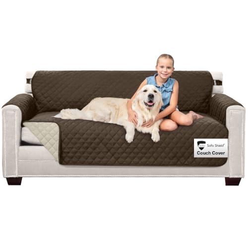 Sofa Shield Couch Slip Cover with Patented Strap, Cushion Protector, US Designed Reversible Stain and Dog Tear Resistant Slipcover, 70 inch Seat, Washable Covers for Dogs Pets, Chocolate Beige