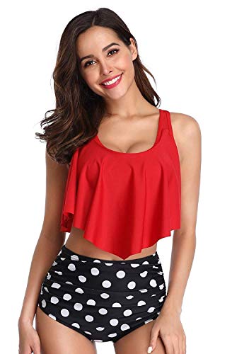 AMOURRI Bikini Swimsuit for Women Two Pieces Bathing Suits Top Ruffled Racerback with High Waisted Bottom Tankini Set -  Red -   ( 12 UK/14 UK)L