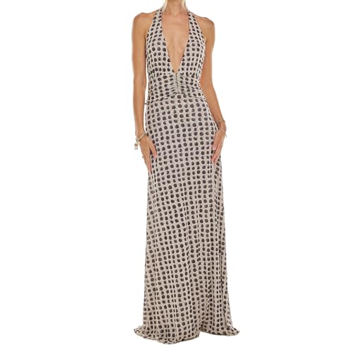 Ärmelloses Neckholder-Kleid für Damen, rückenfrei, Blumen-/Punktemuster, Sommer, Cocktailparty, Maxi-Sommerkleid, Schwarz , M