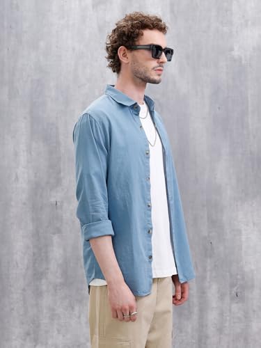 Image of WROGN Men's Cotton Linen Blend Shirt | Solid | Slim Fit