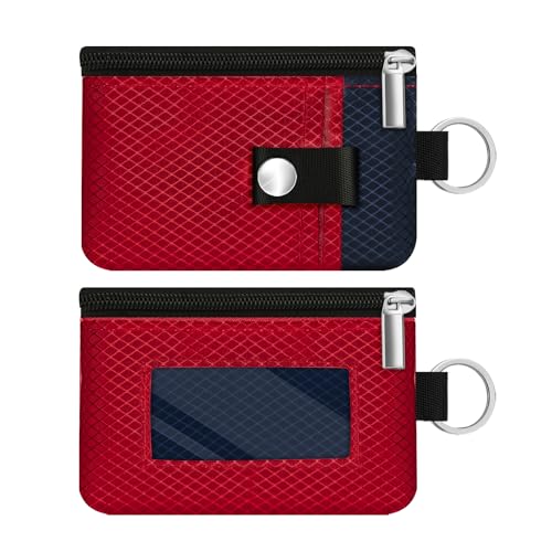 Image of Minimalist RFID Blocking Small Wallet with ID Window,WaterResistant Zip Id Case Wallet with Lanyard Keychain for Cards,Cash,Travel,Women,Men (Red /Dark blue)