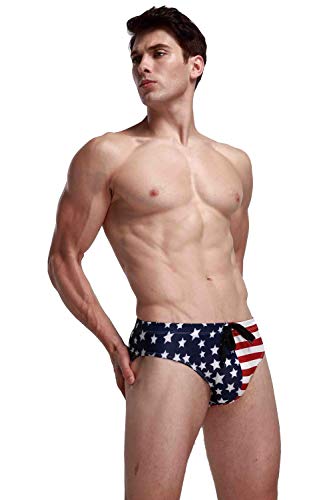 Takushi Hf Men's Usa Flag Stars Low Rise Swimwear Bikini Briefs Beach Swimsuit(Blue,L) #TOP1
