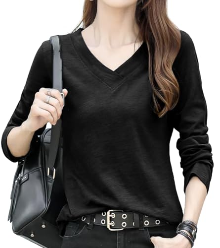 [ODFMCE] レディース tシャツ 長袖 秋 vネック 綿 無地 トップス おしゃれ きれいめ 大きいサイズ (JP, アルファベット, L, ブラック)のサムネイル