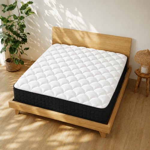 Queen Size 12 Inch Hybrid Innerspring Mattress, Individual Pocket Coils Gel Memory Foam, Medium Soft Black & White Cover, Fiberglass Free CertiPUR-US Certified Compressed Bed in a Box, 60' x 80'