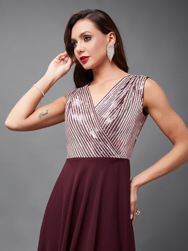 Image of Miss Chase Women's Round Neck Sleeve Embellished Fit Flare Maxi Dress