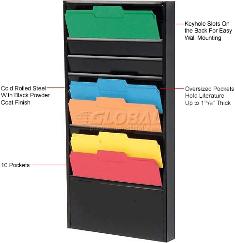 Miniatura 4 de Global Industrial Soporte de acero para archivos de pared colgantes, 10 bolsillos, color negro