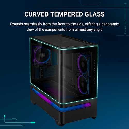 Image of ASUS Prime AP202 ARGB Black mATX case with Fully Tempered Curved Glass, Supports Graphics Cards up to 420mm Long, 360mm Long radiators, Easy-Detach Rail, Patented Slot Vent, Built-in Three ARGB Fans