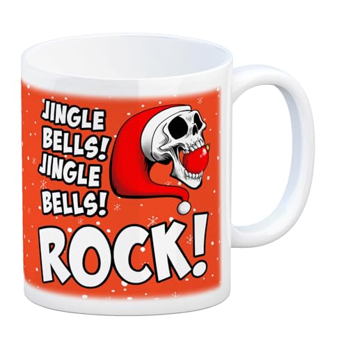 speecheese Jingle Bells Rock Weihnachten Kaffeebecher mit Totenkopf als Geschenkidee zu Weihnachten für echte Rock n' Roll Fans die selbst am Fest ihre Musik hören