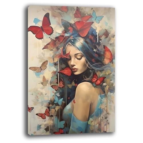 Printerland Quadro Moderno Bellezza Donna con Farfalle Quadri moderni soggiorno da Parete XXL grande Stampa su tela Canvas Decorazione Murale muro Arredo Camera da letto Cucina (11, 30x40 cm)