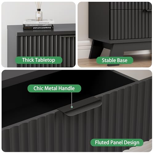 Image of Xixini Fluted Nightstand, 31.5 inch Wide Side Table with 4 Large Storage Drawers, Mid Century Modern Wood Night Stand with Metal Handle, Wooden Bedside End Table for Bedroom, Black