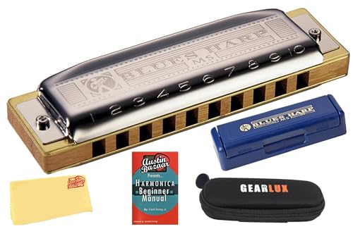 Hohner Harmonica 532 Blues Harp MS - Key of F Bundle with Zip Case, Harmonica Beginner Manual, and Austin Bazaar Polishing Cloth