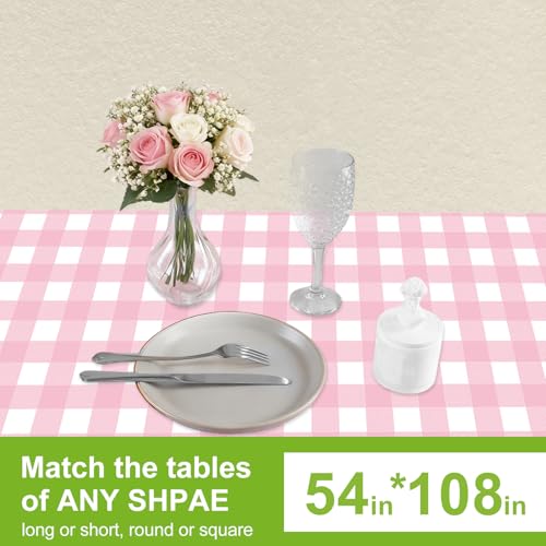 Image of Oigco Pink Gingham Tablecloth - 3 Pack 54 inch x 108 inch Rectangle Disposable Pink and White Checkered Tablecloth, Picnic Table Cover for Party, Wedding, Birthday