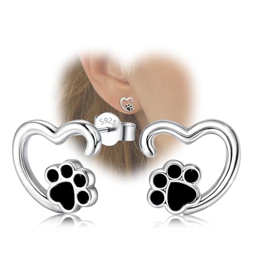 Heart Print Earrings for Women Sterling Silver Cute Pet Puppy Cat Dog Paw Print Stud Earrings Hypoallergenic Small Post Earrings Dainty Lightweight Lovely Earrings for Christmas Birthday