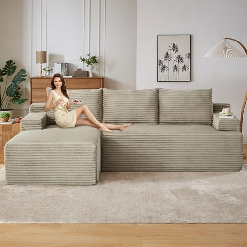 Image of 96.1 inch Modular Sectional Sofa Couches L-Shape Couch 3 Seat Modular Sofa Corduroy Memory Foam Sectional Boneless Couches for Living Room, Cloud Couch with Oversized Chaise(Camel, Left Facing)