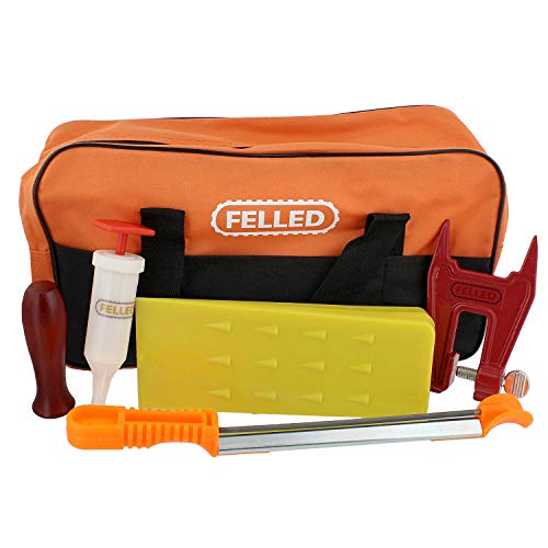 Felled Chainsaw Sharpening Kit with Chainsaw File Set, Guides, Depth Gauge Tool, Stump Filing Vise, Grease Gun, Wedge