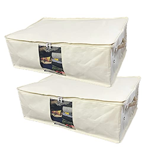 イニコライフ 収納 ケース 2枚組 衣類 寝具用 衣装ケース 収納袋 押入れ クローゼット ベッド下 収納などに最適 綿麻混生地の内面をポリエステルコーティング 適度にハリがあるから収納しやすく使わない場合は薄く畳めて便利 上部ファスナー式で大きく開くので出し入れしやすい 中身が見えるクリア窓 持ち運びに便利な持ち手 通気性を重視したハトメ穴付き 優しい風合い 日本メーカー企画 (生成りベージュ)