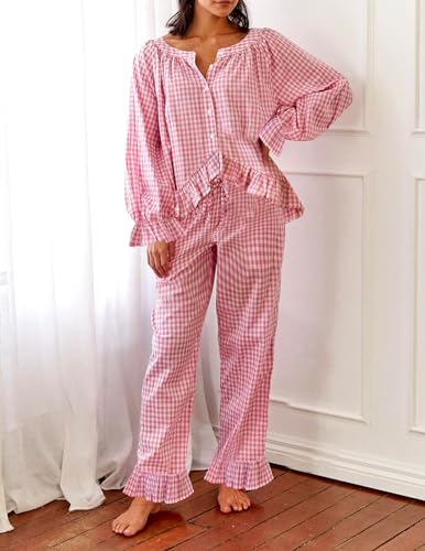 Womens Gingham 2 Piece Pajama Set Cute Cotton Puff Long Sleeve Babydoll Shirt and Ruffle Plaid Pant Pj Lounge Set2