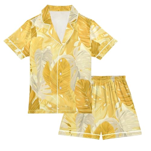 ALAZA Yellow Gold Palm Leaves Pajamas Satin Pajama Set Short Sleeve Button Down Sleepwear