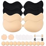 TEAWOO 4-Pack Cleavage Bra, Push Up Sticky Bra Set – Strapless Backless Invisible Adhesive Bras for Women B Cup Black/Nude