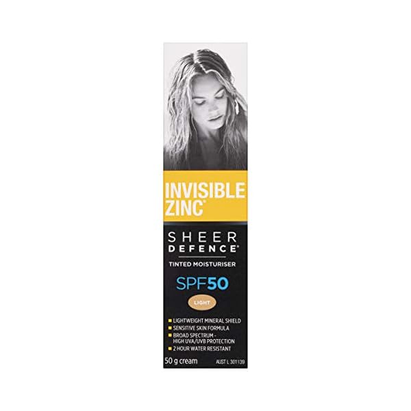 Invisible Zinc Sheer Defence Tinted Light - Daily Facial Moisturizer With Sun Protection SPF 50 To Prevent The Appearance Of Premature Aging Caused by Harmful UV Rays - 50g