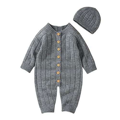 Image of Baby Knitted Romper Cotton Long Sleeve Boy Girl Sweater Clothes Baby Splice Jumpsuit Hat Outfits Set For Newborn Infant