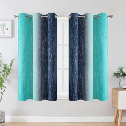 Estelar Textiler Navy Blue and Teal Ombre Blackout Curtains 54 Inch Length 2 Panels, Full Room Darkening Gradient Drapes for Kitchen, Thermal Insulated Grommet Short Curtains for Bedroom,42Wx54L
