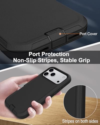 Image of for iPhone 17 Pro Max Case with Port Cover, Rubber Matte, Black | 3-Layer Heavy Duty Armor, 16ft Drop Protection, Non-Slip Shockproof & Anti-Fingerprint