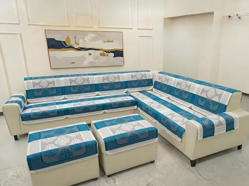 Image of Fab Nation Sofa Cover L Shape 6 Seater with Corner L Type Sofa Set for Living Room | Cotton Sofa Slipcovers for 3 + 3 Seaters Cover with 2 Arms + 2 Setty Covers | Turquoise Blue
