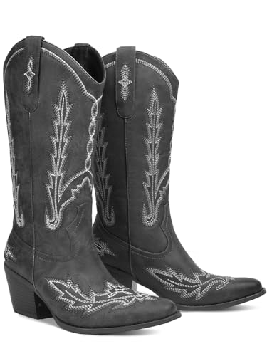 Cowboy Boots for Women Cowgirl Boots Mid Calf Western Country Pointed Toe Embroidery Chunky Heel Pull On Red3