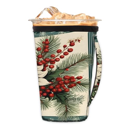 Christmas Flower Fruit Snowflake Reusable Neoprene Coffee Sleeve with Handle Insulated Iced Coffee Cup Holder Reduces Condensation Fits 24-28 oz Cups M