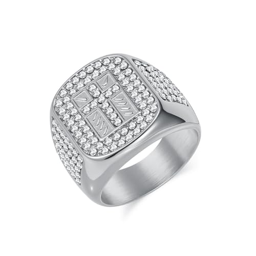 Chevalière hip-hop large en acier inoxydable qui ne ternit pas avec strass de luxe