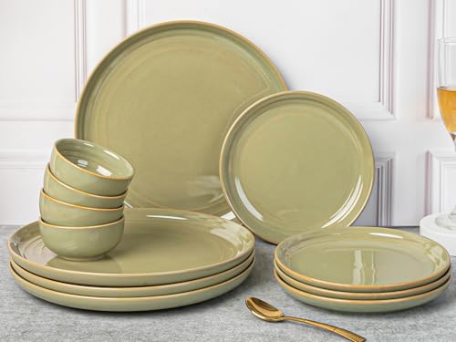 Image of Bodhi House Handcrafted Chip Resistance Porcelain Dinner Set, 12 Pieces Dish Set Serving for 4, Microwave and Dishwasher Safe, Bone-ash Free, Crockery Set for Dining and Gifting, Olive Green