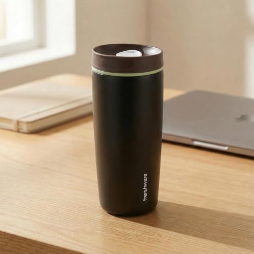 Image of Frenchware AeroMug Insulated Stainless Steel Coffee Tumbler, 600 ml | Smooth Sip Slider, Reusable, Hot & Cold Coffee Travel Mug, Carbon Black