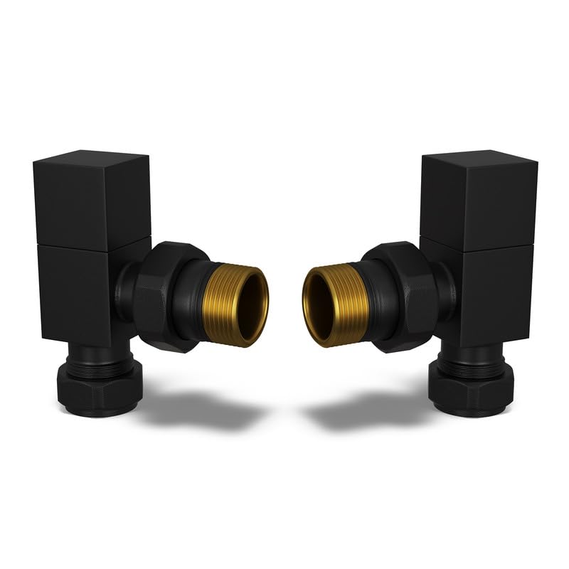 UK Radiators Square Black Radiator Valve Pair - Black Matt Finish - Classy and Modern Design 1/2" x 10mm Angled Radiator Valve Pair - Pair of Valves — image 1