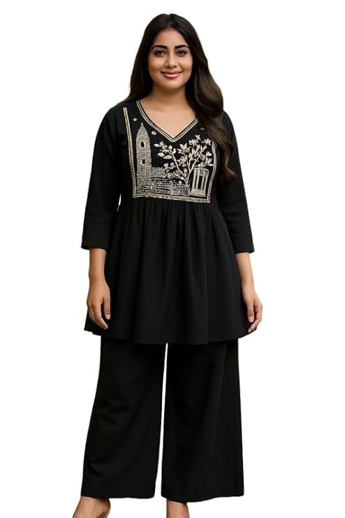 Women’s Cotton Embroidered Kurta with Palazzo Set | V-Neck | Office Wear & Festive Ethnic Suit Set | Plus Size Available | Stylish Indian Outfit for Women